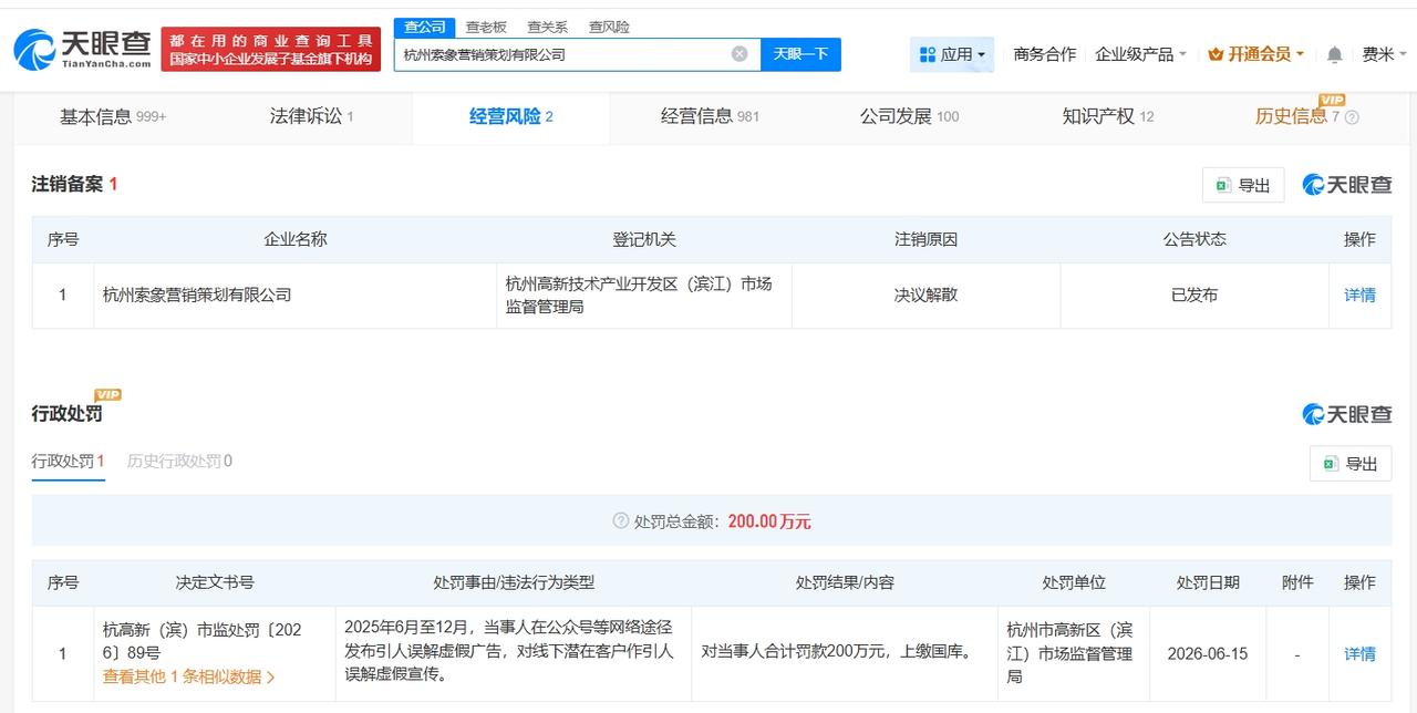 优思益营销策划方被罚200万
优思益营销策划方因虚假宣传被罚
天眼查经营风险信息