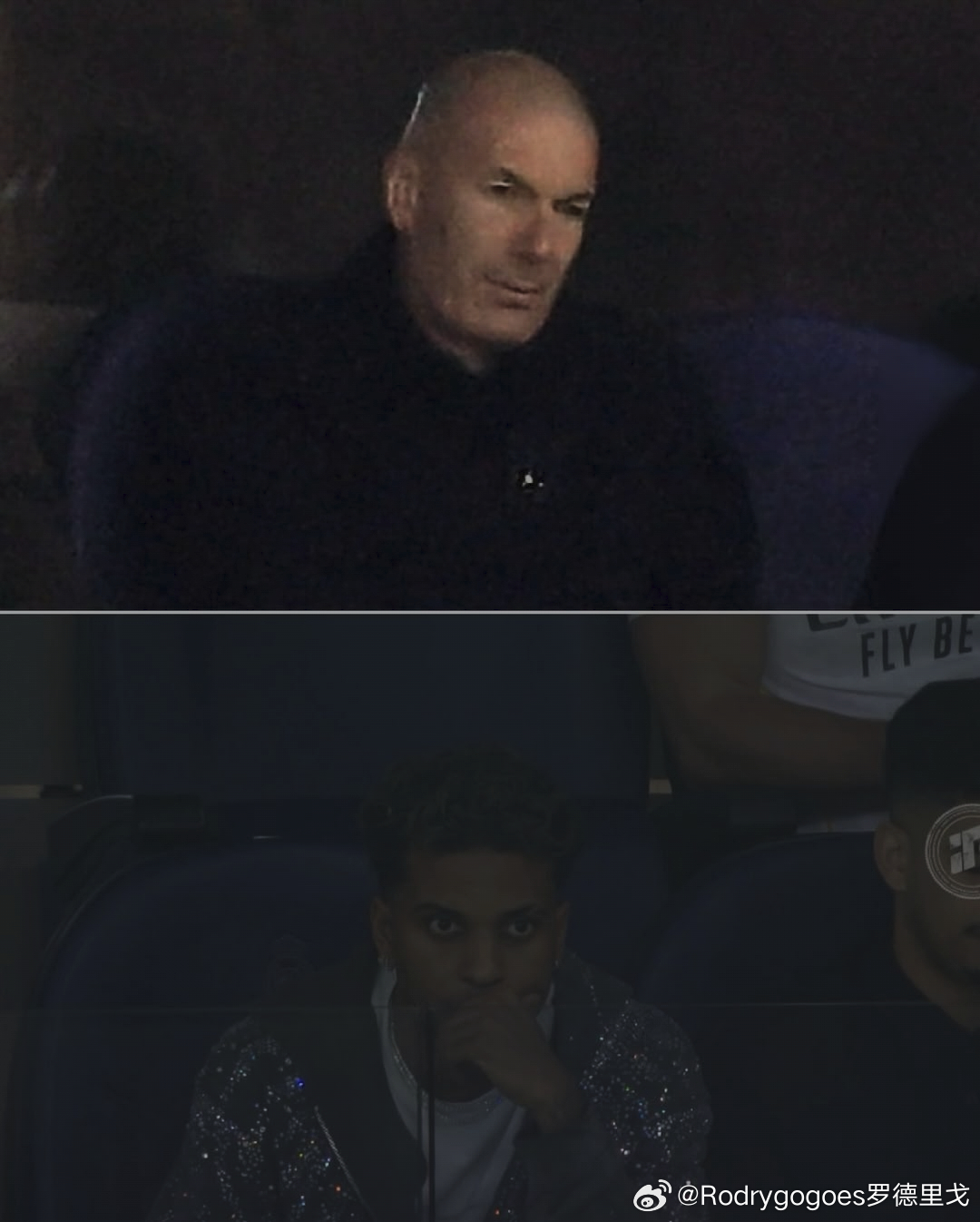 伯纳乌球场看台上的齐达内和罗德里戈，不知道两位看了场上的表现作何感想皇马1比2拜