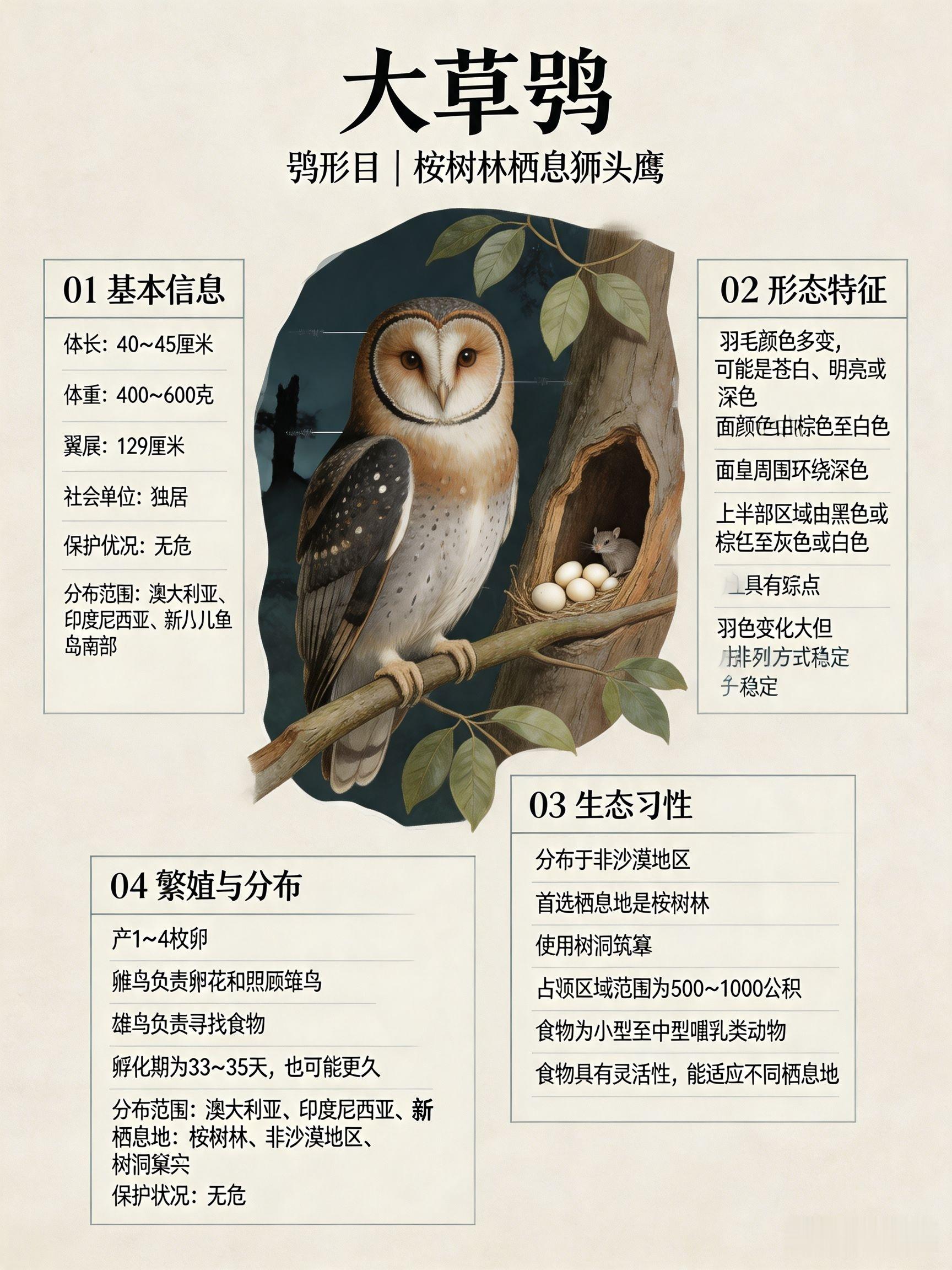 鸟类朋友图鉴 大草鸮体长：40~45 厘米体重：400~600 克翼展：129 