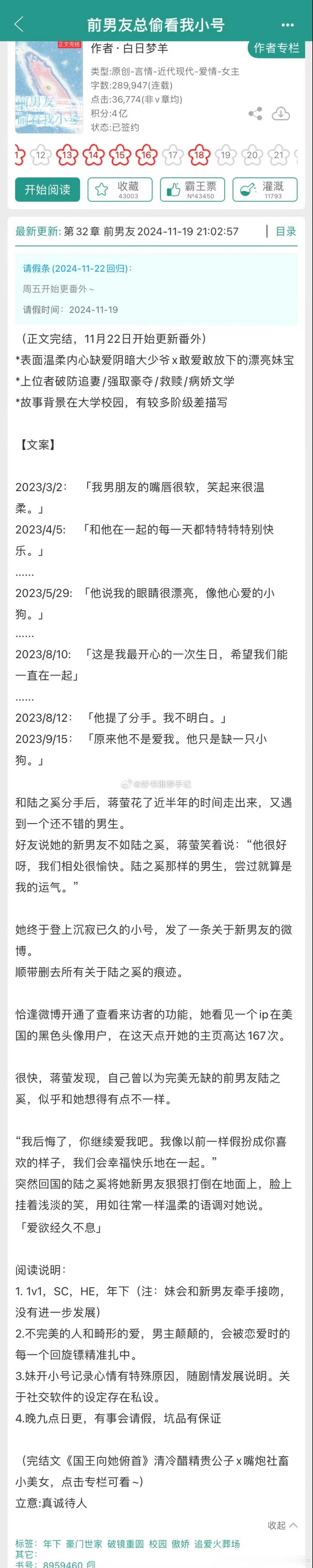 言情小说推荐  No.175《前男友总偷看我小号》by白日梦羊 