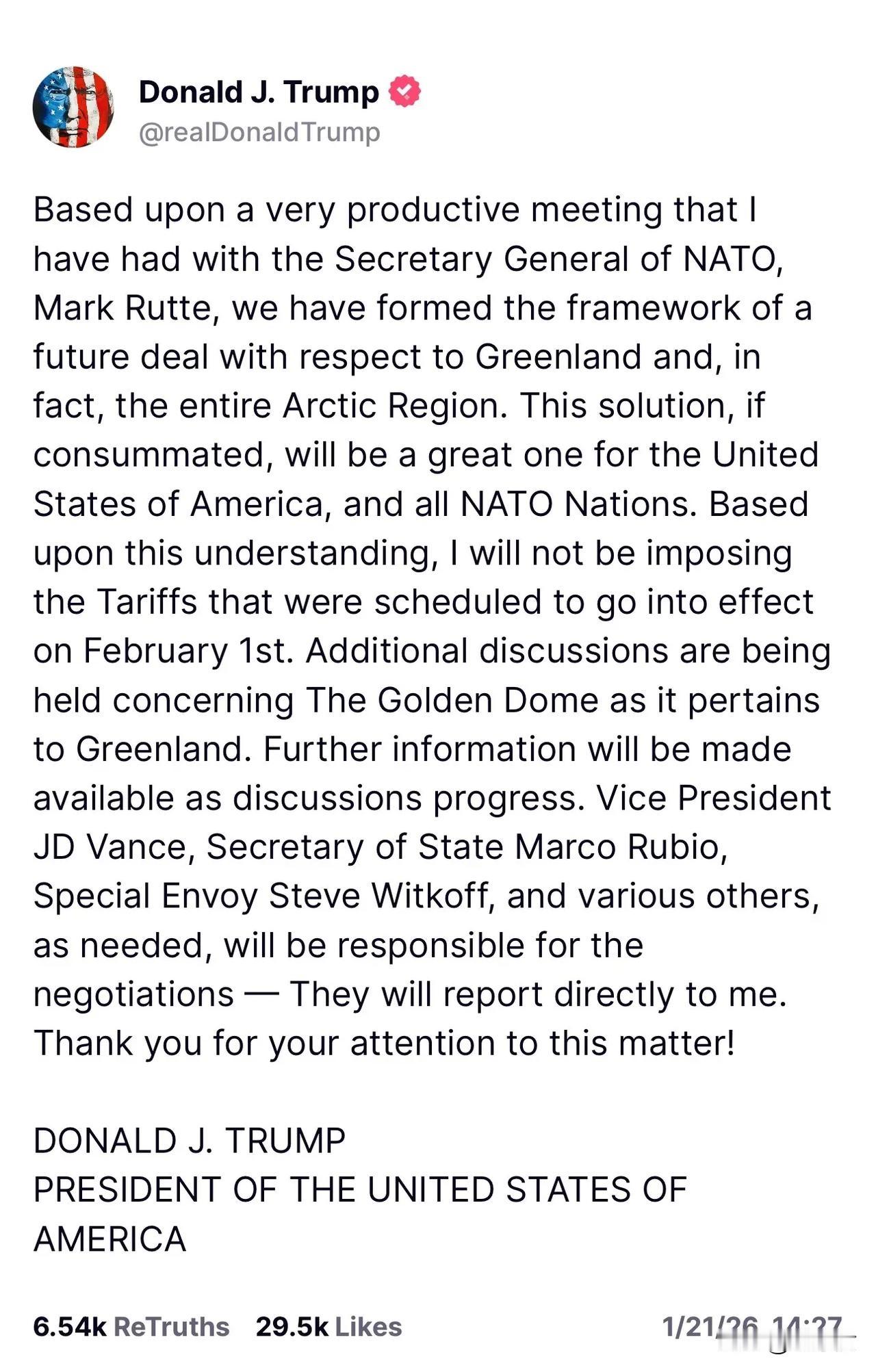 在与北约秘书长吕特会晤后，特朗普似乎放弃了“夺岛”的诉求，他宣布与北约就格陵兰岛