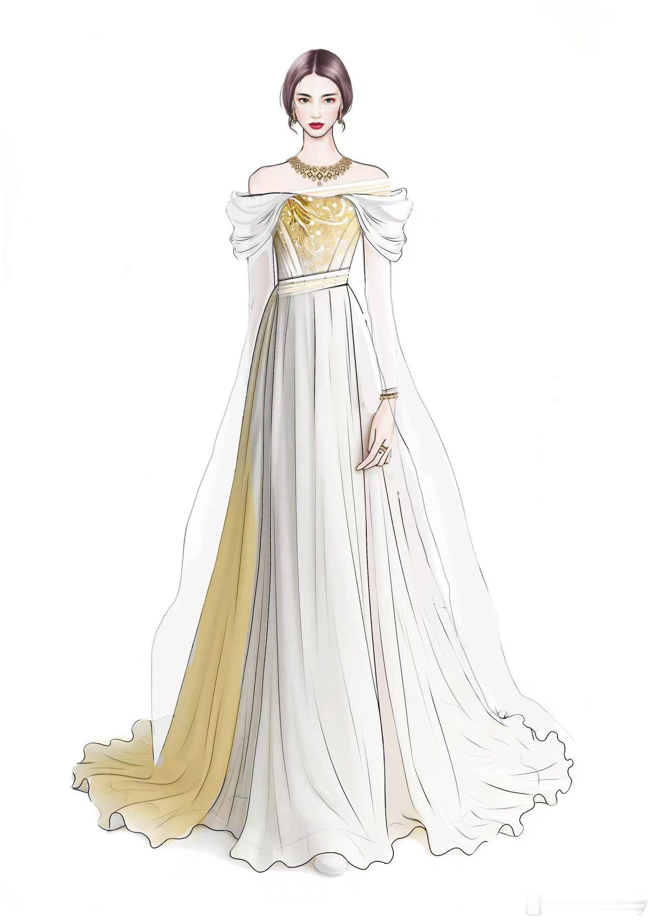 刘诗诗天坛女神定制礼服此礼服以天坛为灵感，凝《山海经》神鸟图腾于鎏金绣纹，展翅于