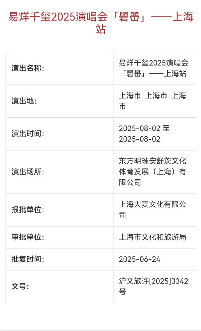 易烊千玺上海站审批通过易烊千玺上海站批文 易烊千玺2025演唱会礐嶨上海站审批通