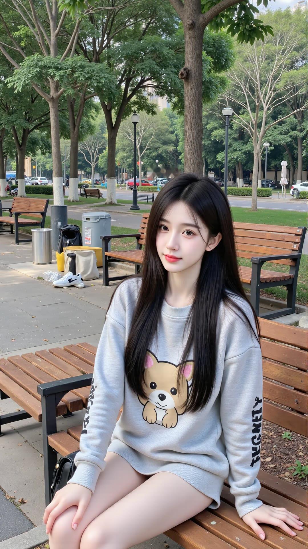元气少女在公园长椅上，微笑面对镜头🌞🌳👩‍❤️‍💋‍👩
