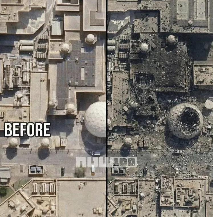 卫星图像显示，伊朗弹道导弹摧毁了位于卡塔尔乌代德空军基地的一部美军大型雷达。鹰酱