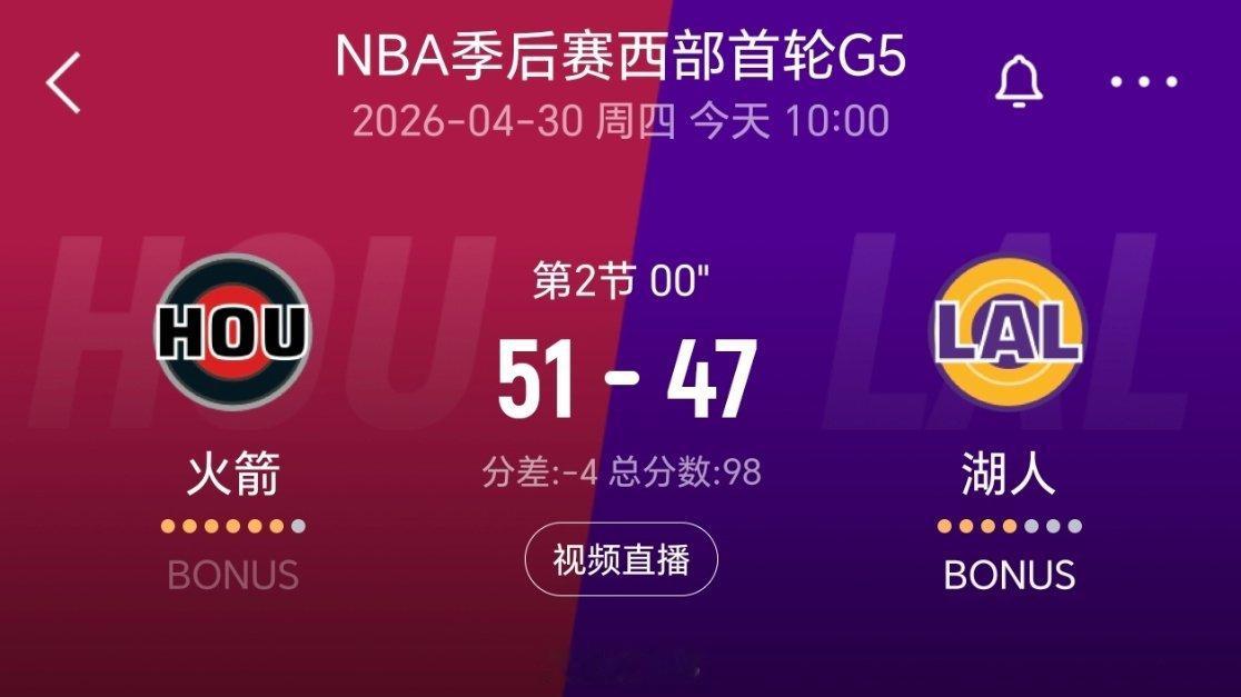 半场结束，火箭领先4分！nba季后赛火箭vs湖人