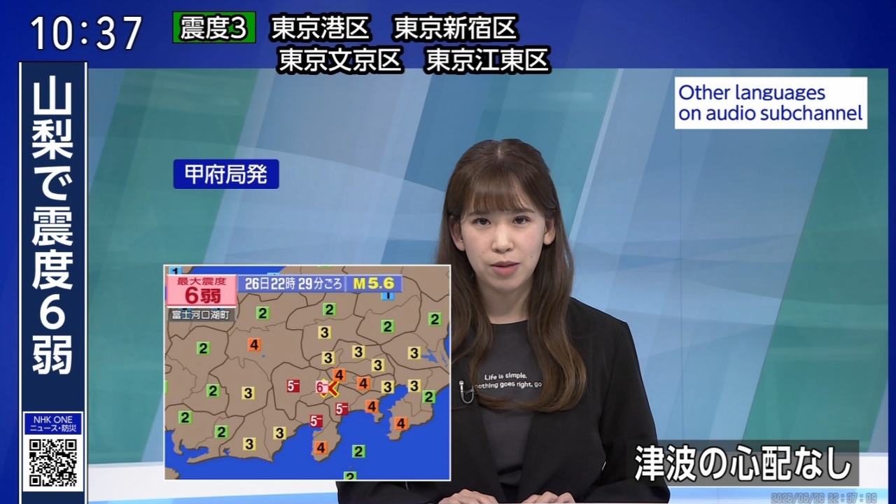 昨晚地震后的NHK紧急播报，甲府支局的尼子主播穿了一件灵魂T恤：「Life is