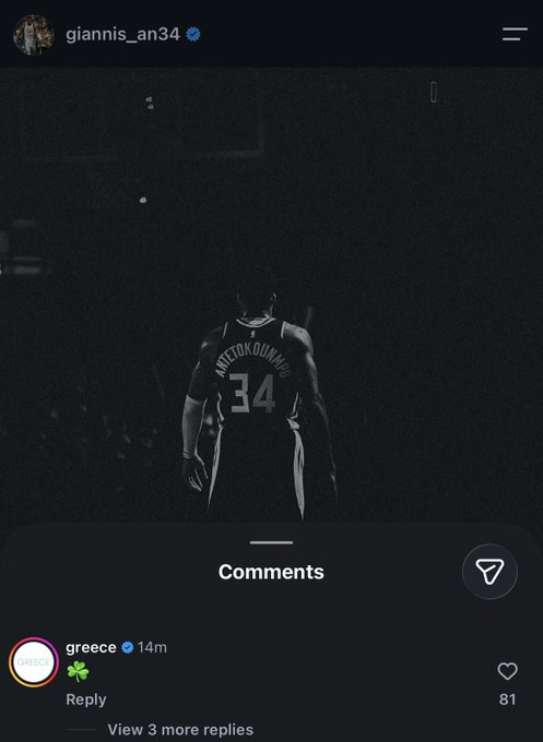 希腊官方在字母哥社媒评论区回复绿色“三叶草”的表情。 nba交易