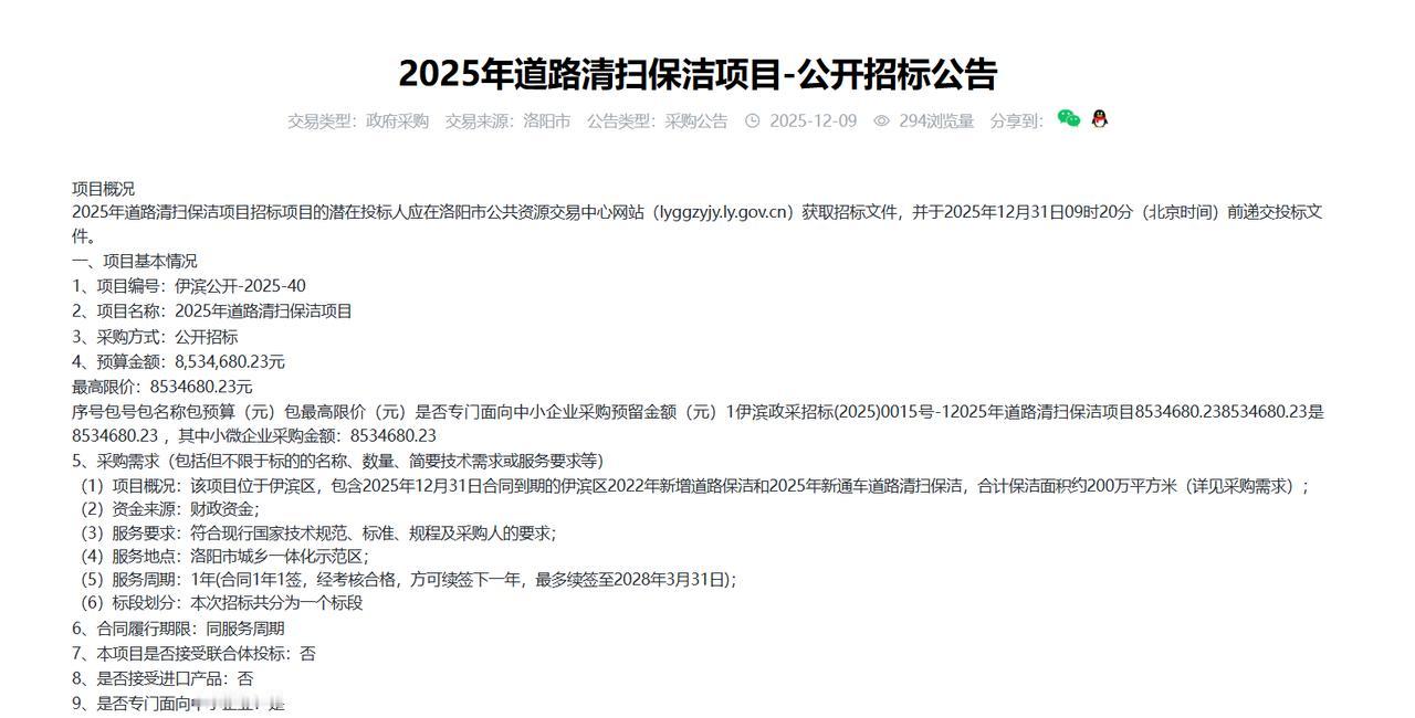 洛阳市2025年道路清扫保洁项目-公开招标公告，预算853.4万元