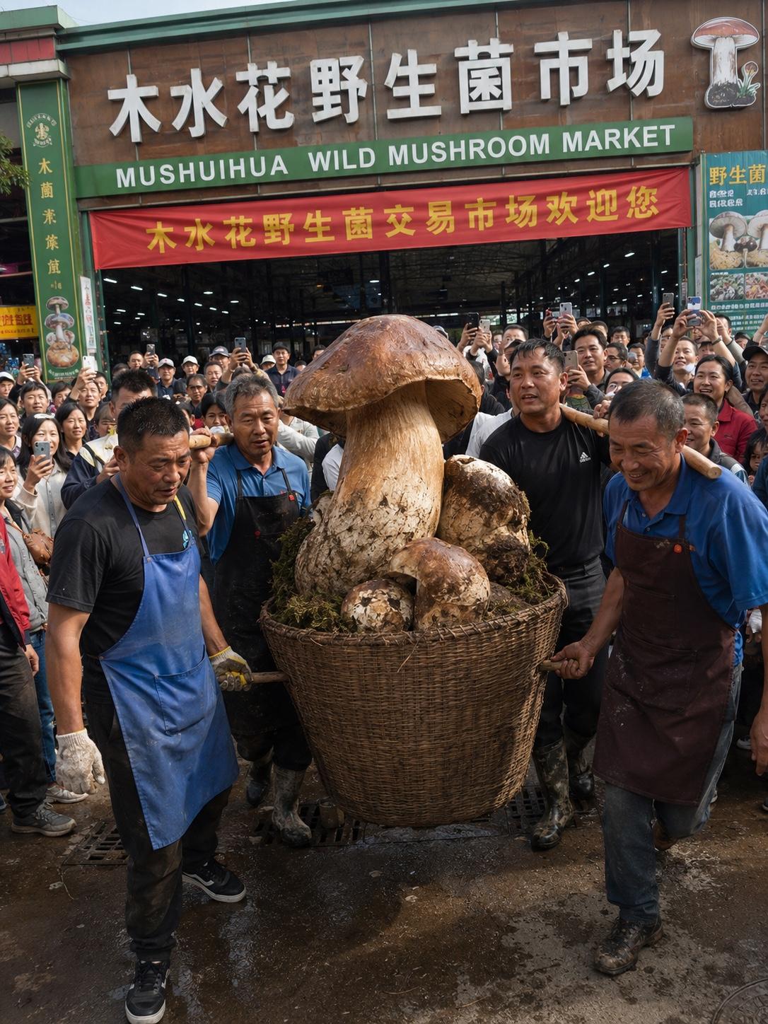 今早刚端上米线，市场门口就炸了锅。挤过去一看，好家伙——一筐蘑菇，比我家拖拉机轮