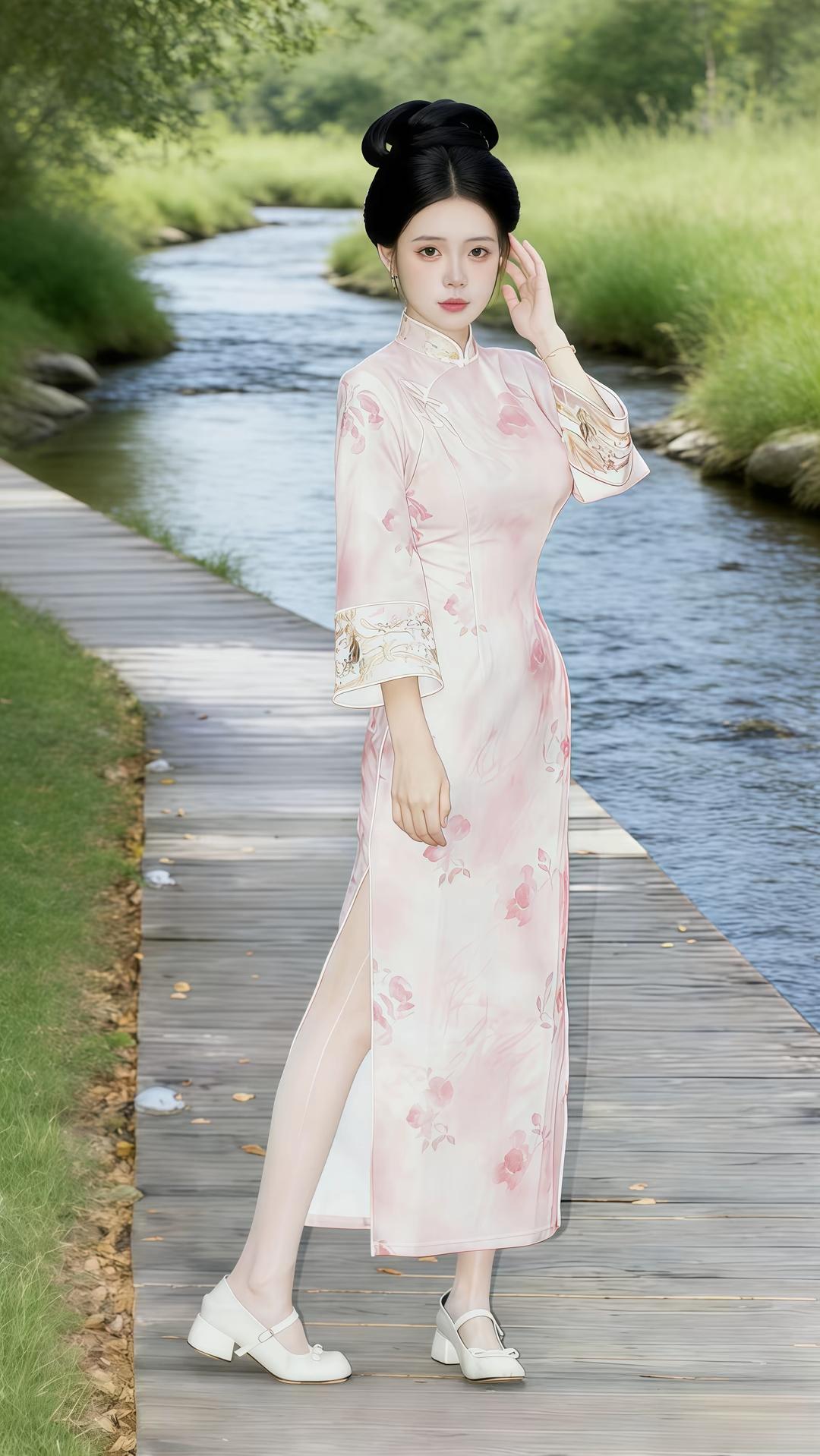 清冷温婉的东方古典美人，乌黑秀发盘成精致端庄的复古发髻，极简大气，尽显中式雅致风