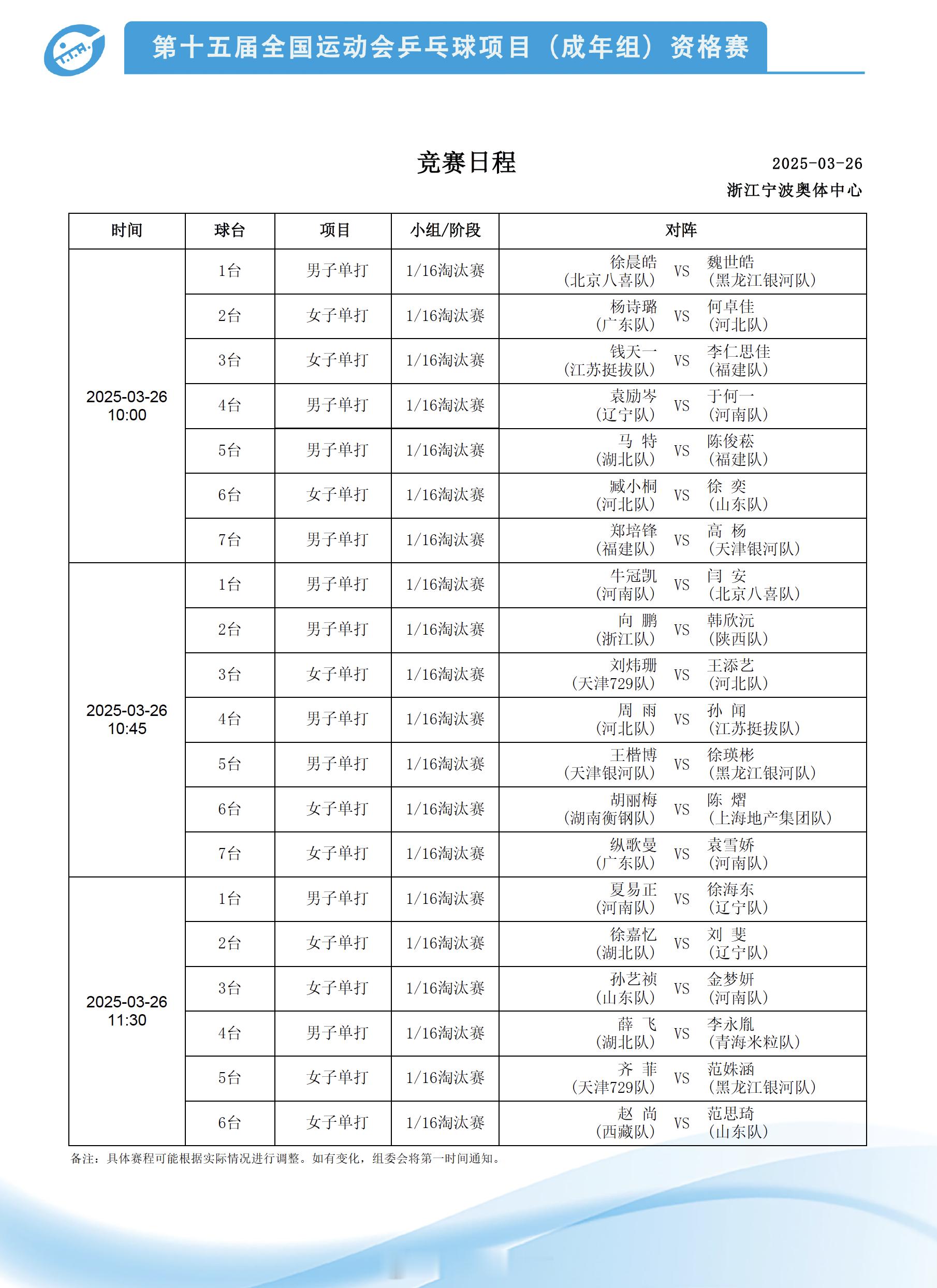 全运会乒乓球资格赛 26日上午单项比赛的赛程安排，钱天一、石洵瑶、向鹏、黄友政等