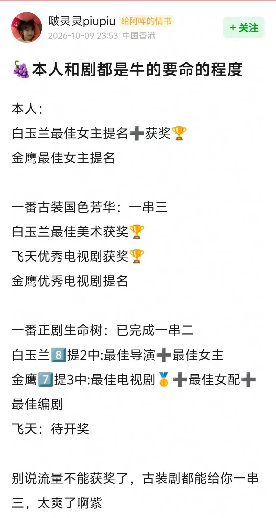 国色芳华三提两中，唯一不中的竟然是金鹰，还是芒果史冠，真是前人把路走窄了 ​​​