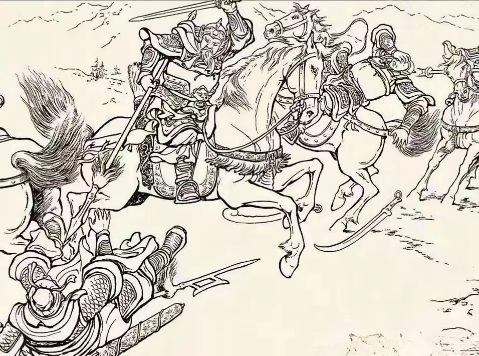枪挑剑劈。此图中一员大将勇不可当，一手持长枪，一手拿宝剑，威风凛凛杀气...