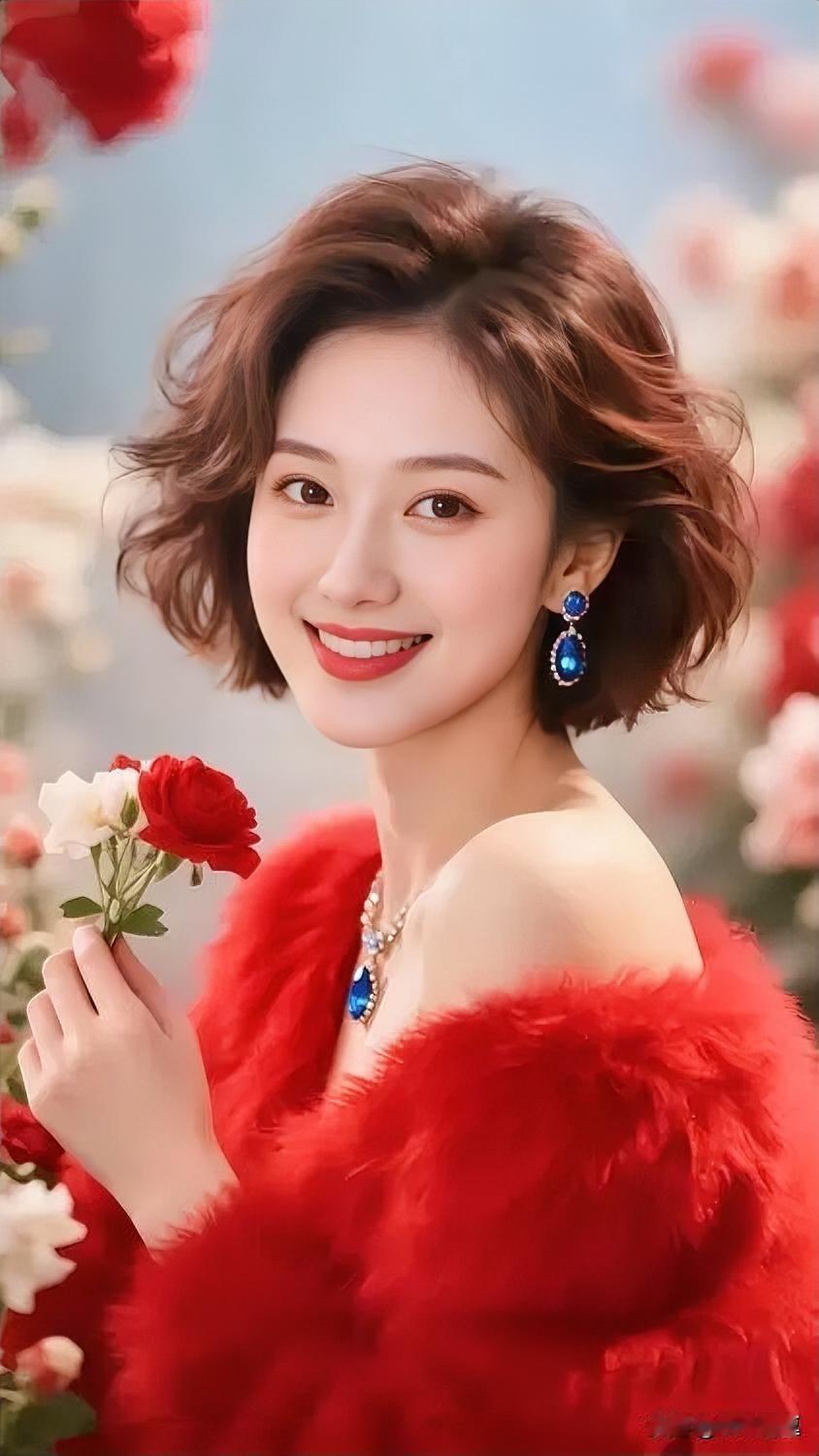 优雅红衣女郎，手持红玫瑰，微笑动人