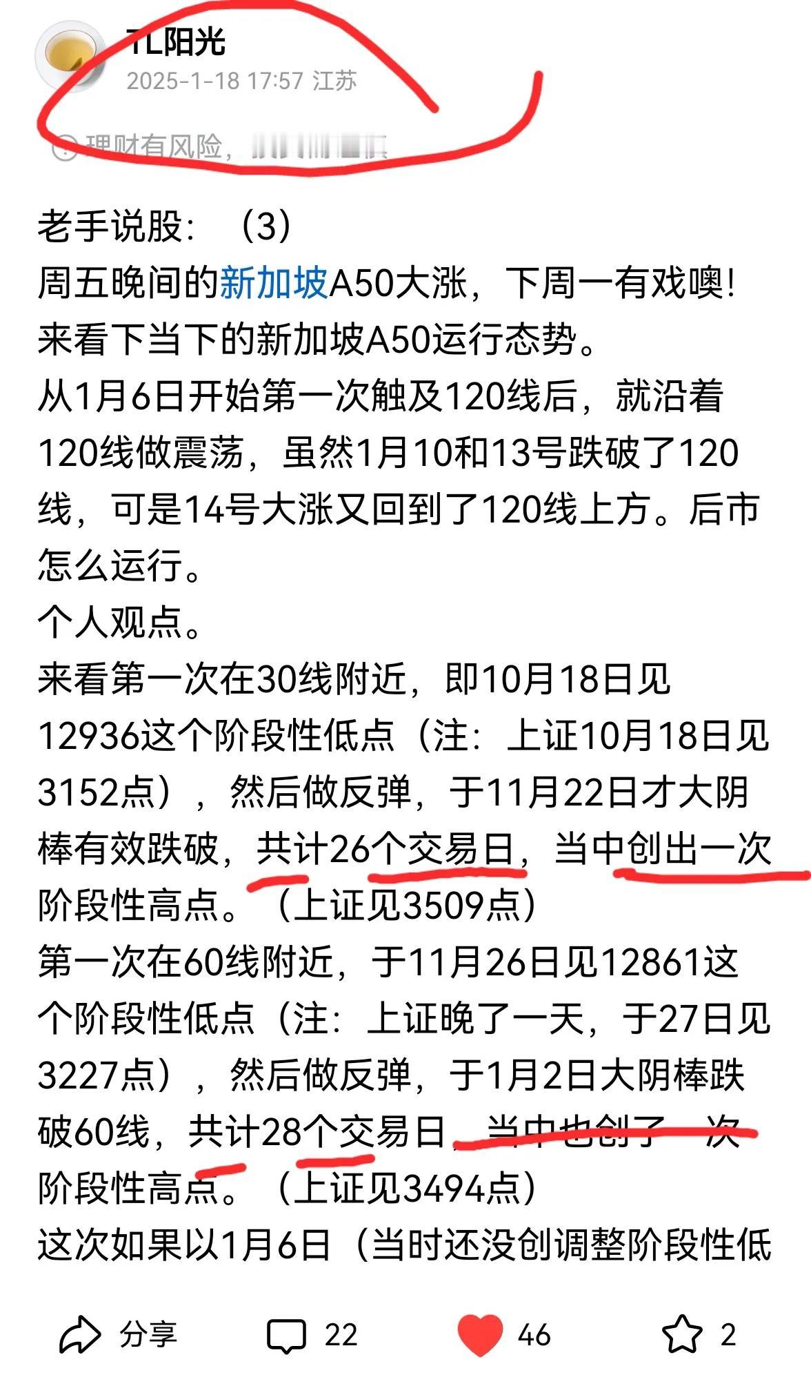 老手说股：（1）
今天完成新加坡A50的分析。
由于春节期间，A50是正常开盘，