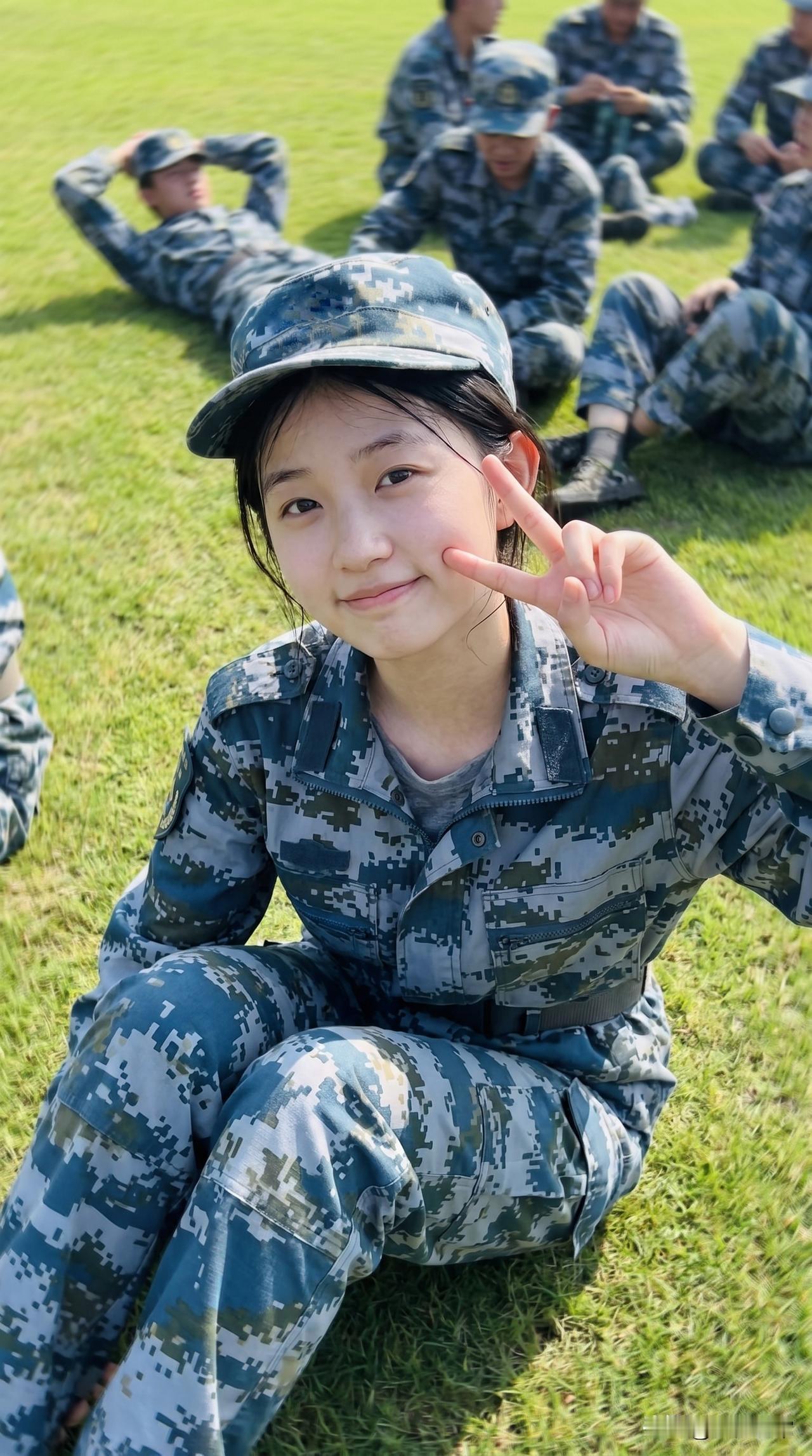 走在路上的时候看到新生在军训，穿着迷彩服，一个个晒得很认真。他们喊口号的时候声音