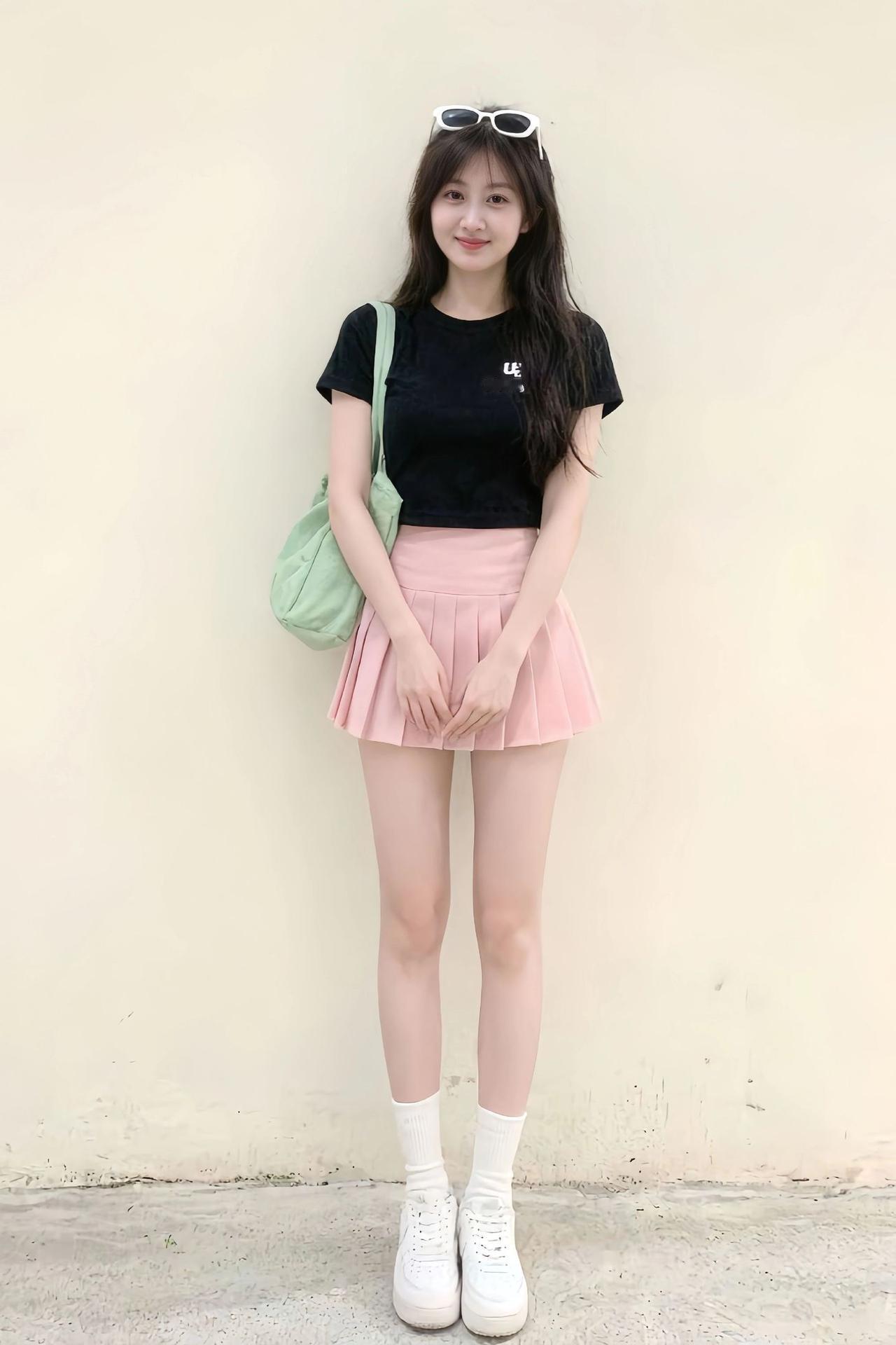 夏日清新穿搭，粉色短裙搭配黑色T恤，轻松自在！🌞👗👟