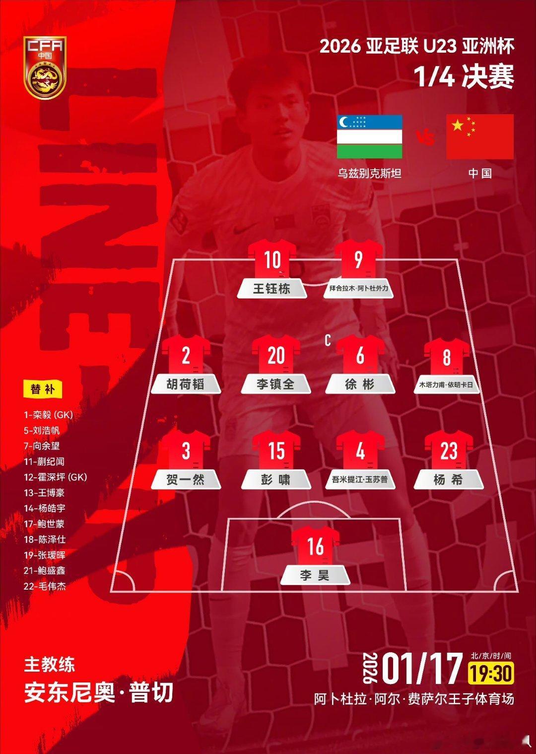 U23国足今天依旧是532，中场上的李镇全和木塔力甫是相对防守能力比较强的球员。