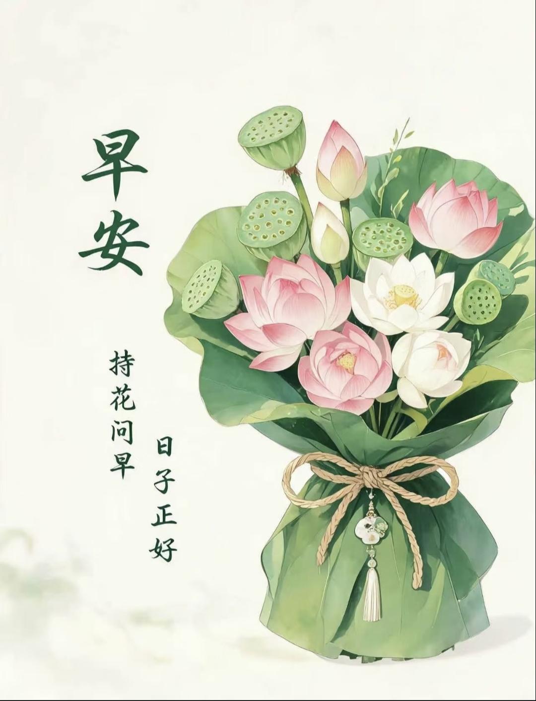 早安！荷叶滴翠好运莲莲，捧一束粉白莲花给你，愿你朝夕顺遂，元气满满，喜乐安然。传