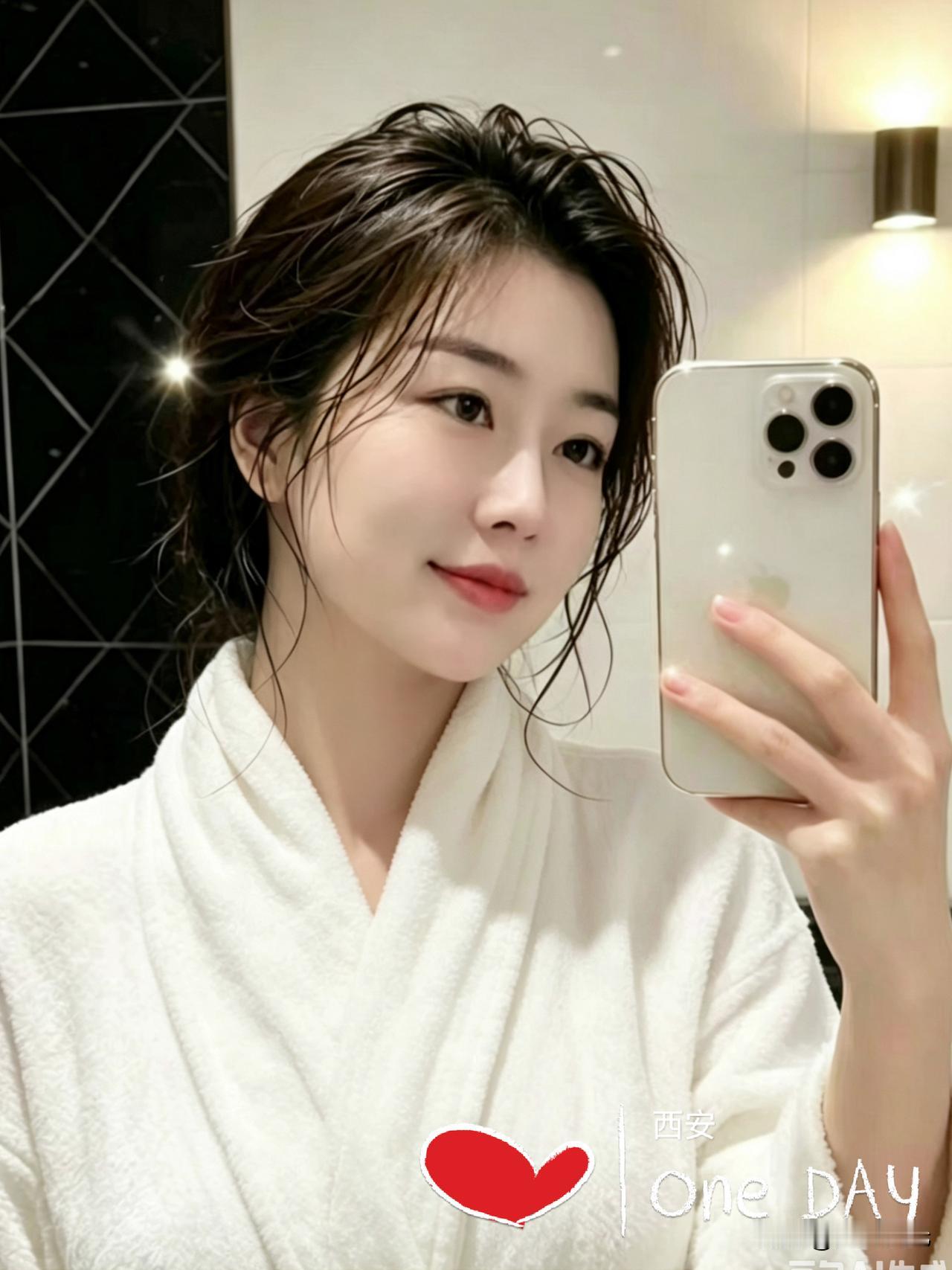 洗完澡随手对着镜子自拍，湿发松散随意，裹上柔软浴袍浑身松弛舒服。今年34岁，经常