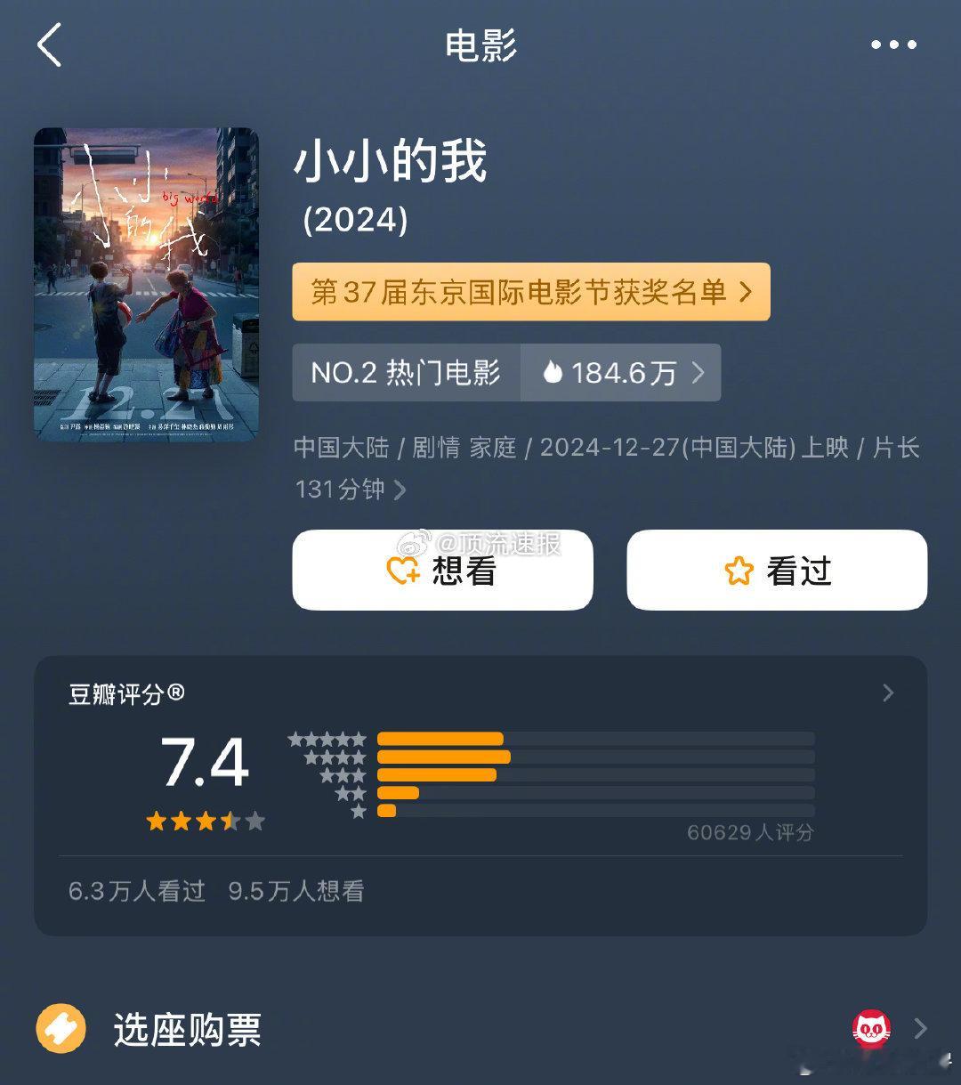 小小的我票房已经破2亿，看来真实故事改编的电影是真的吸引人，db评分也还不错7.