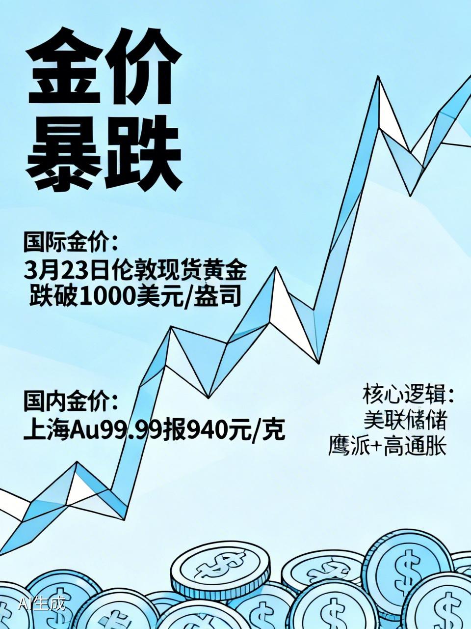 3月以来国际金价暴跌，3月23日，伦敦现货黄金一度跌破1000美元/盎司，COM