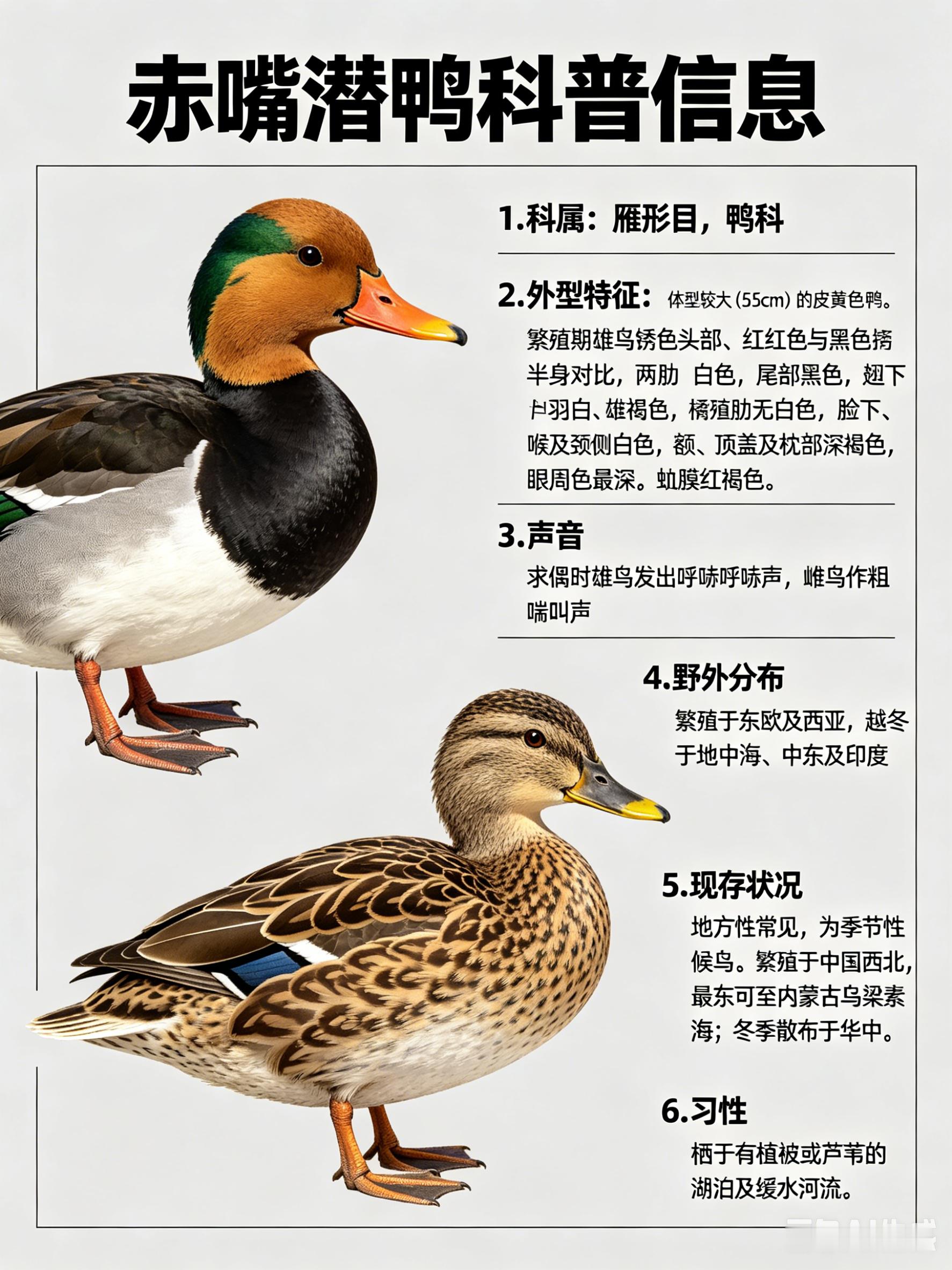 鸟类朋友图鉴 赤嘴潜鸭·科属：雁形目，鸭科。·外形特征：体型较大（55cm）的皮