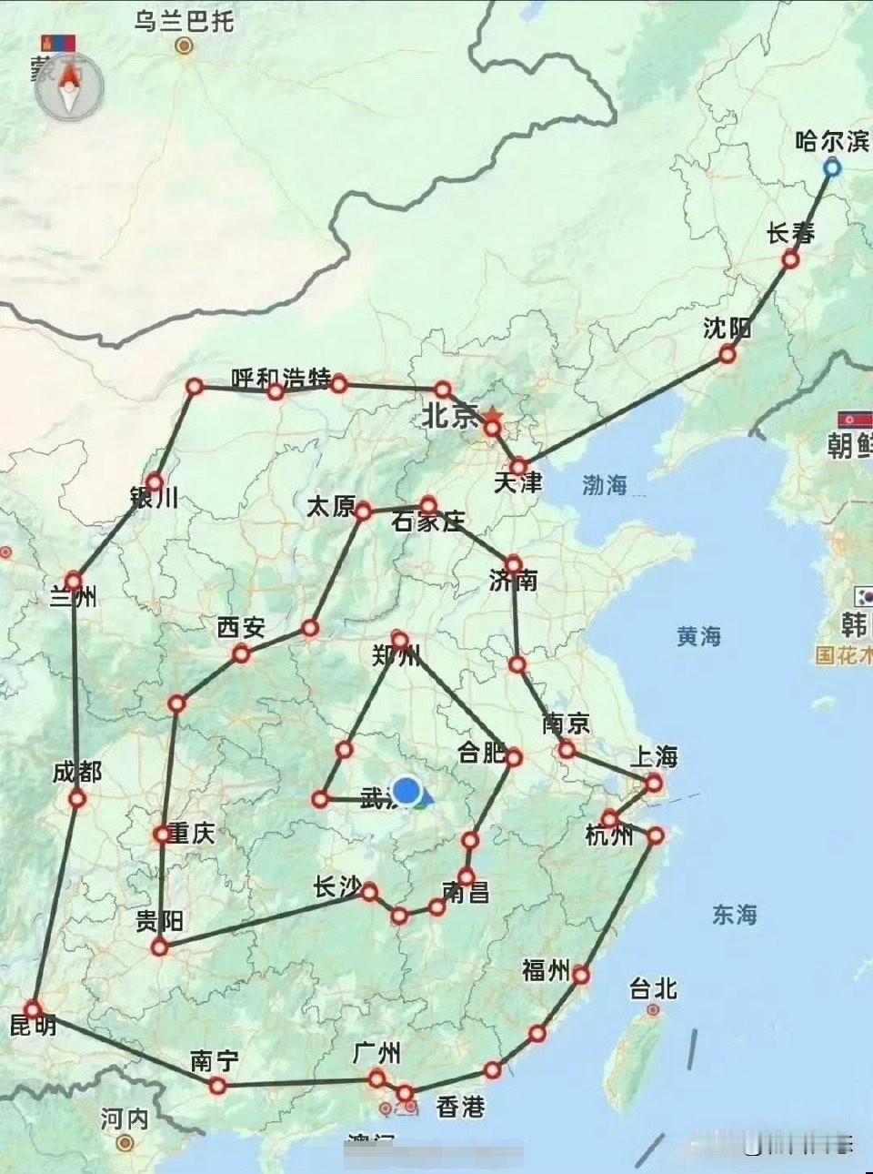 这是一张网友制作的环游中国的路线图，它串联起了中国大部分主要城市和地区。

从地