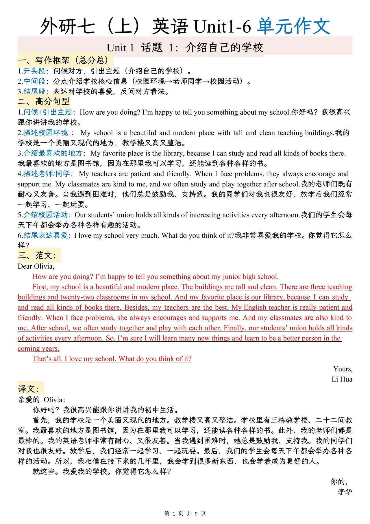 外研七上英语Unit1-6单元作文（9篇）