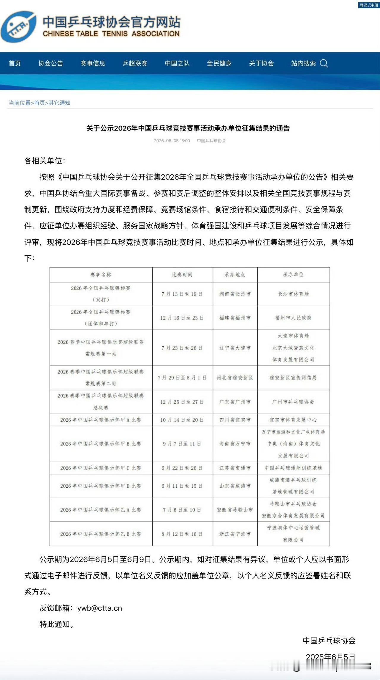 6.5日，中国乒协公布全锦赛和乒超联赛的比赛时间和地点。

全锦和乒超之前没有按