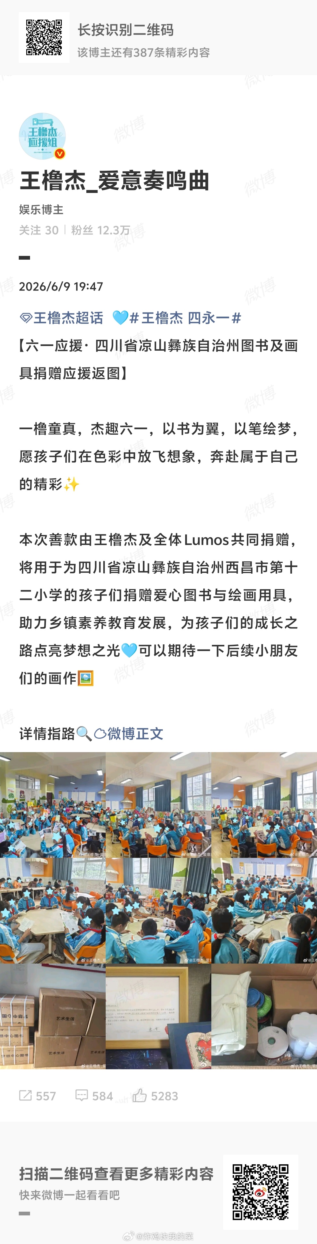 王橹杰数据组六一应援· 四川省凉山彝族自治州图书及画具捐赠应援返图 