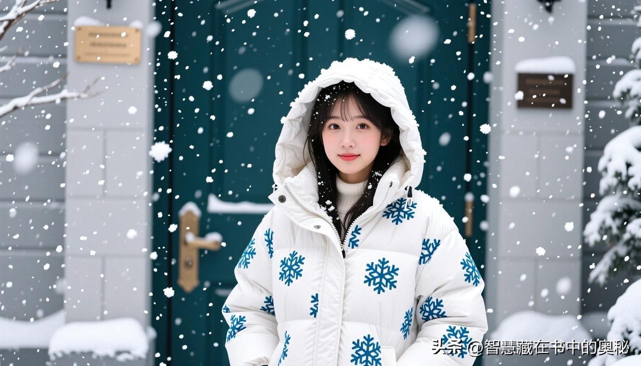 大雪纷飞，门口的女孩穿着冬天暖暖的羽绒服。
羽绒服上有雪白的雪花图案，显得可爱又