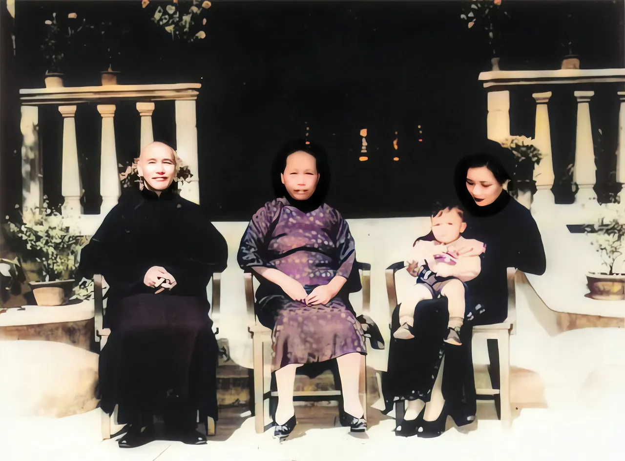 1937年春，蒋介石与宋美龄回乡，在奉化溪口文昌阁与原配毛福梅留下罕见合影。宋美