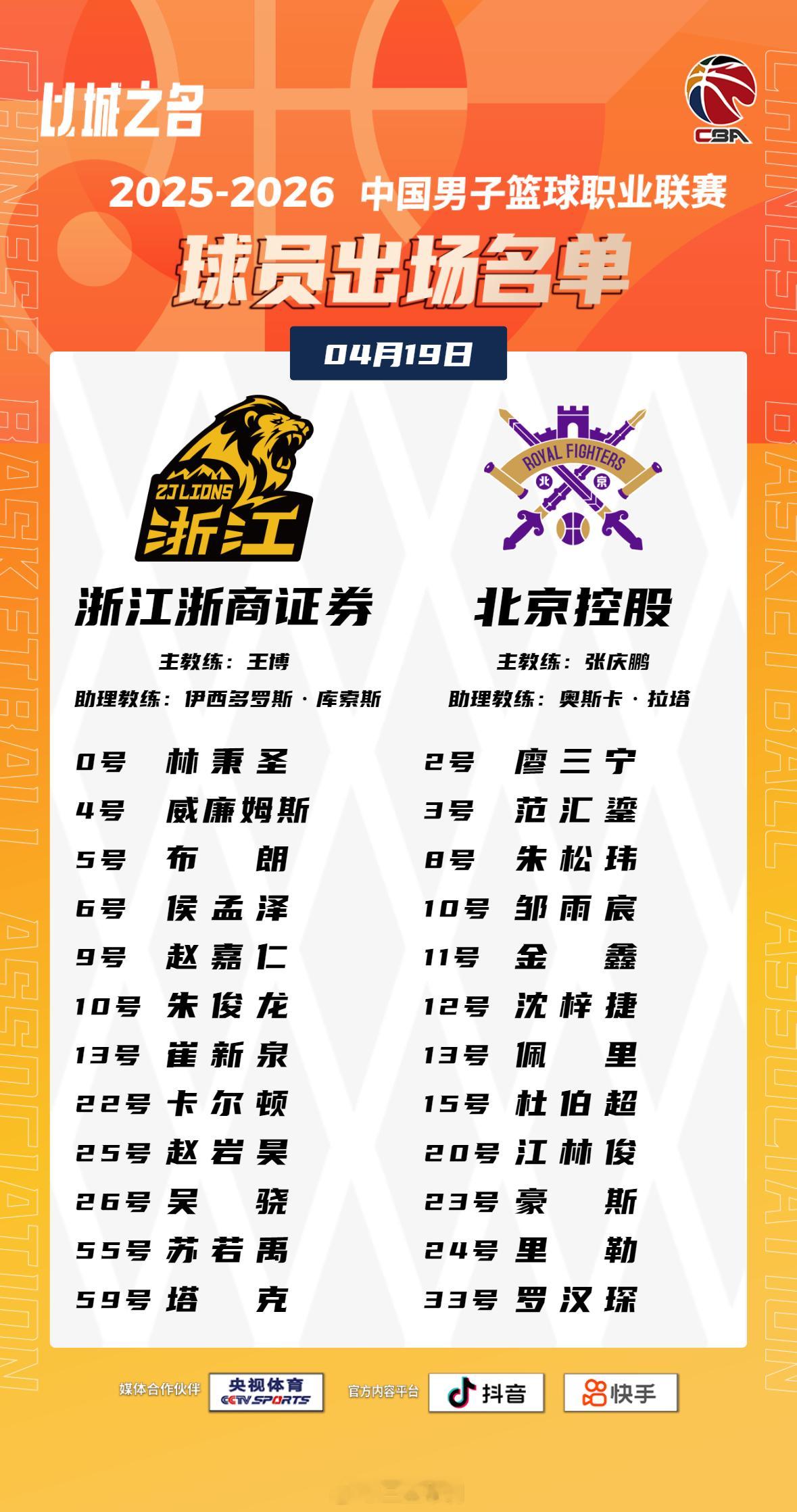 青岛男篮vs北京男篮 首钢报了张鹏珲，范子铭轮休。胡金秋、贺希宁、高诗岩均轮休，