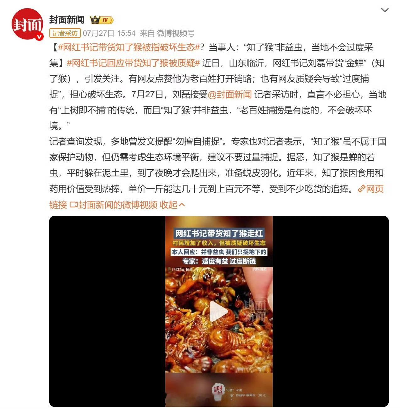 网红书记带货知了猴被指破坏生态我小时候夏天也跟着家里人抓过呢，咋现在还成了破坏生