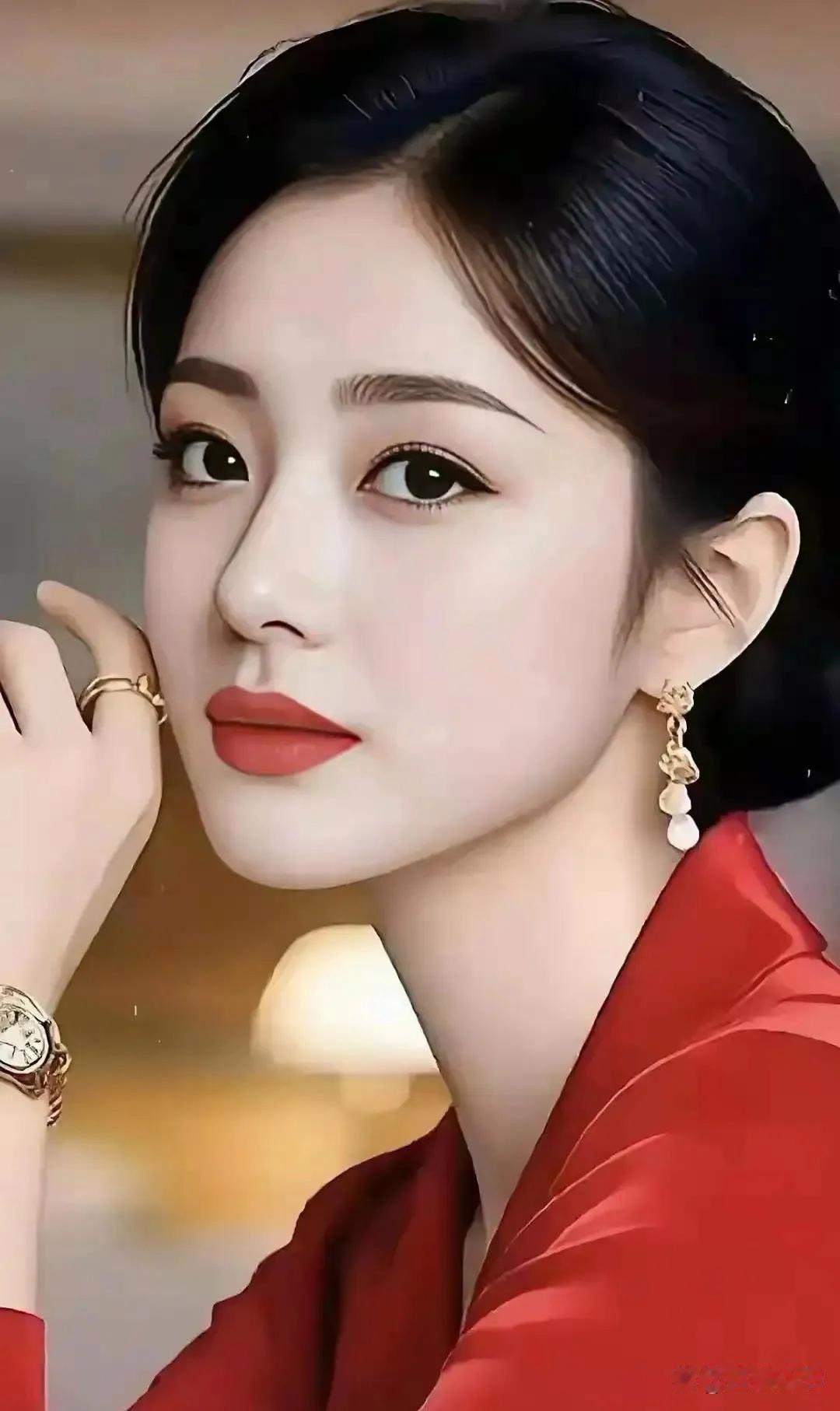 优雅红衣女子，精致的妆容和珠宝，尽显高贵气质。