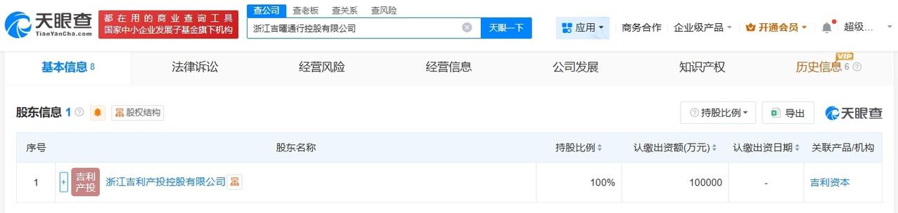 吉利10亿成立吉曜通行控股公司
天眼查工商信息显示，近日，浙江吉曜通行控股有限公