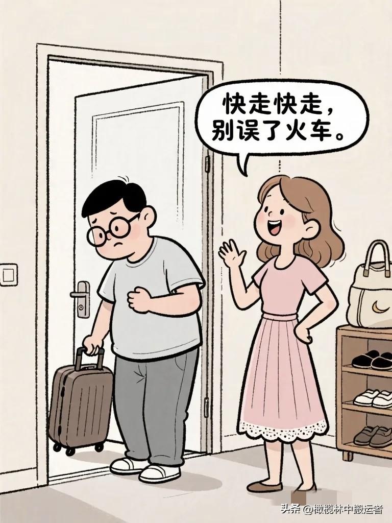 搞笑漫画：老公出差，临走前在门口磨磨蹭蹭。 老婆催他：“快走快走，别误了火车。”
