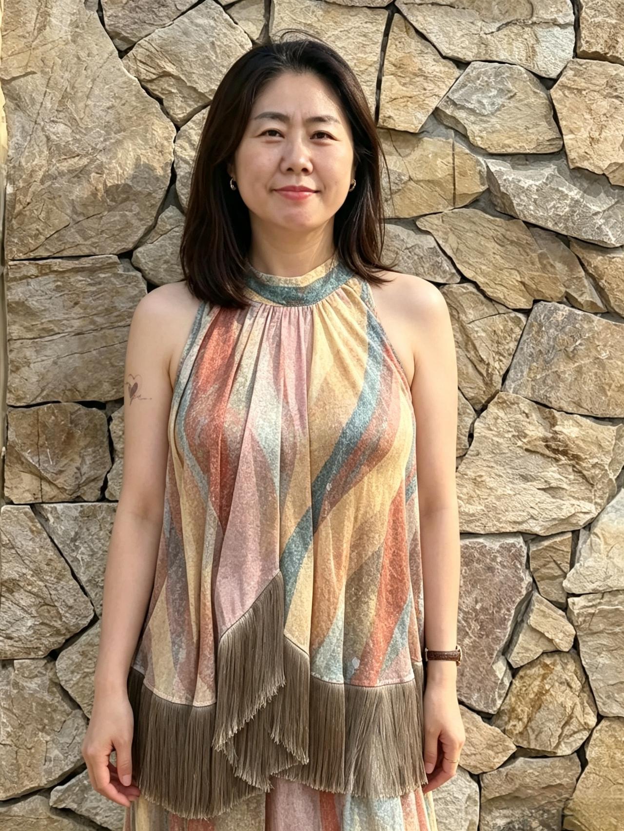鬓发如云态自娴，盈盈眉目带清欢。
不须艳饰添颜色，自有风华落袖间。