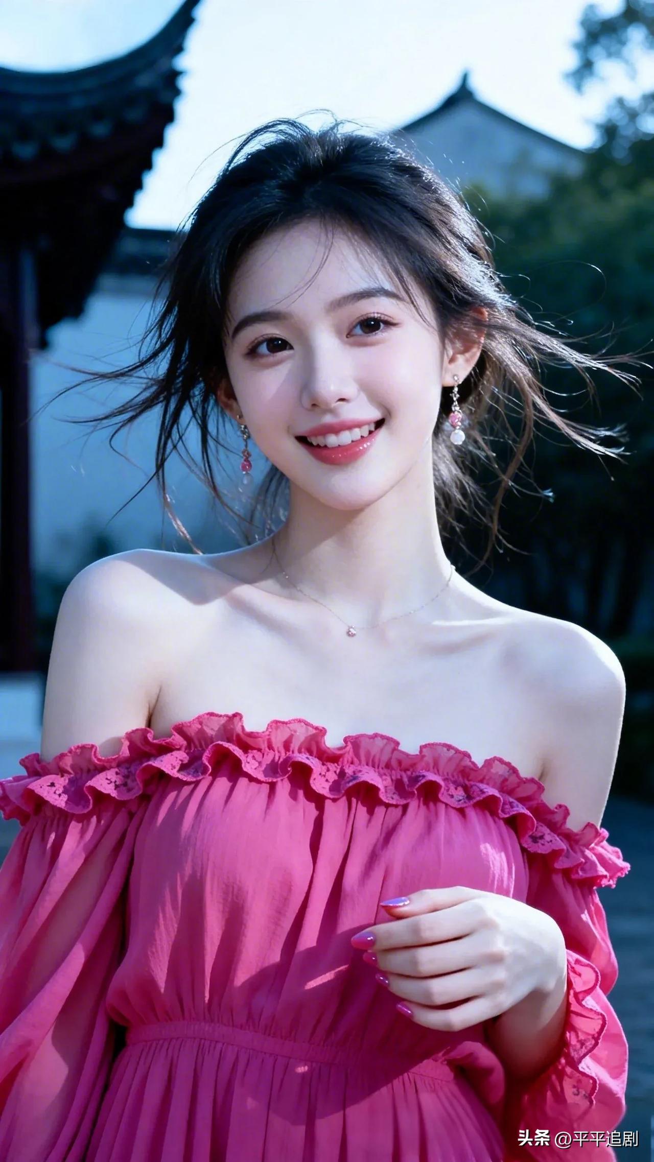 风拂过发梢，粉裙漾起温柔，古建为幕，笑意撞进眼底，是江南春日里最鲜活的浪漫。
温