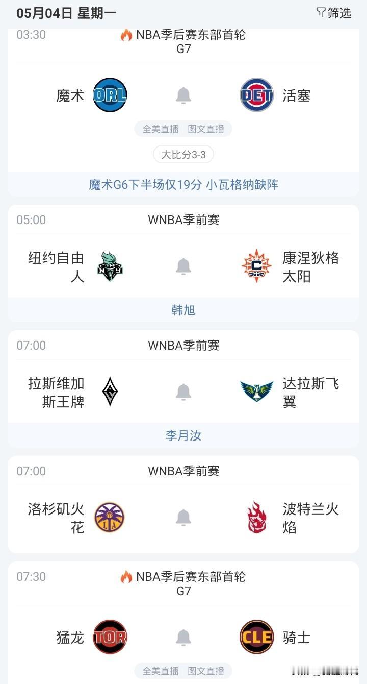 明日骑士战猛龙 魔术战活塞 自由人战太阳韩旭 飞翼战王牌李月茹等焦点赛事关注