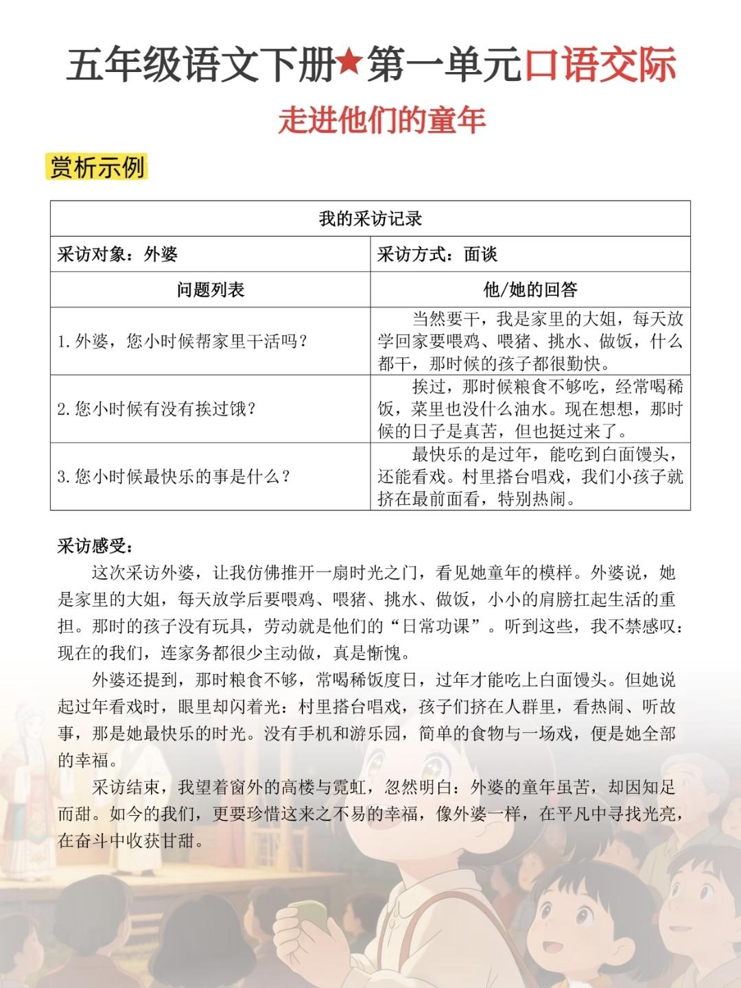 五年级下册语文，第一单元口语交际《走进他们的童年》，收藏复习巩固知识~五年级语文