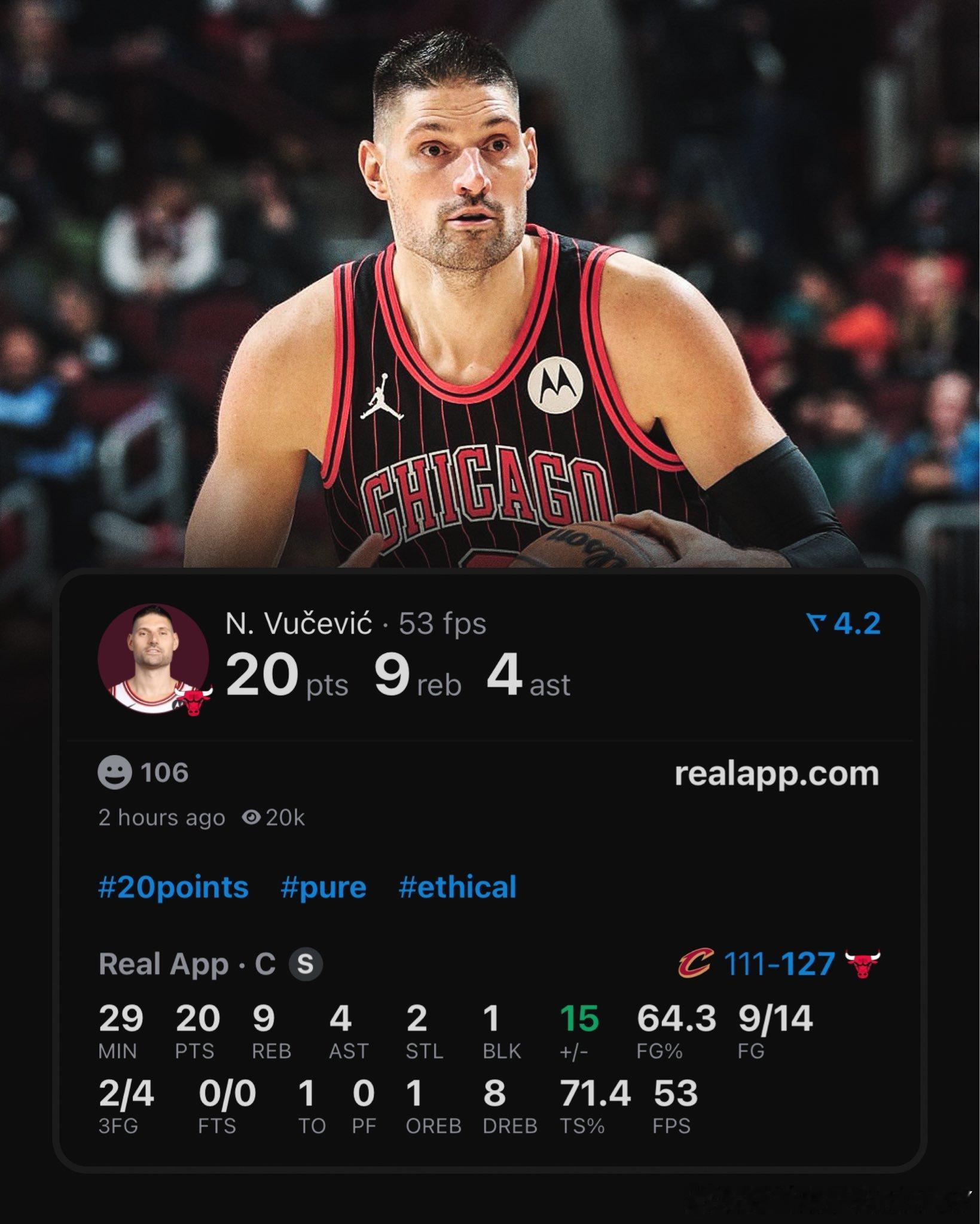 今日公牛队中锋武切维奇得到20分且没有罚球。美媒统计史上单场得分超过20分且没有