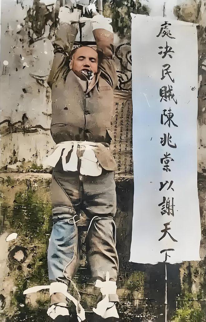 1911年潮州知府陈兆棠五花大绑示众时被拍下的罕见照片，陈兆棠以“治匪”闻名，且
