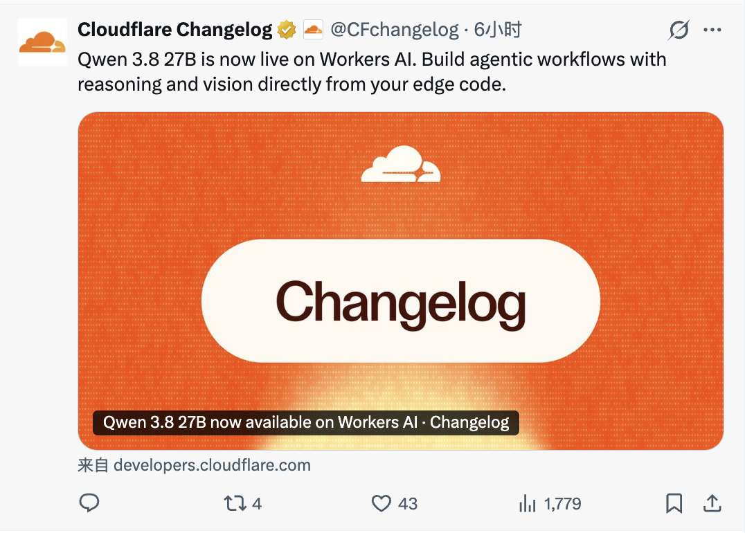 Easy同学正在独立开发  Cloudflare 上架 Qwen 3.8 27B