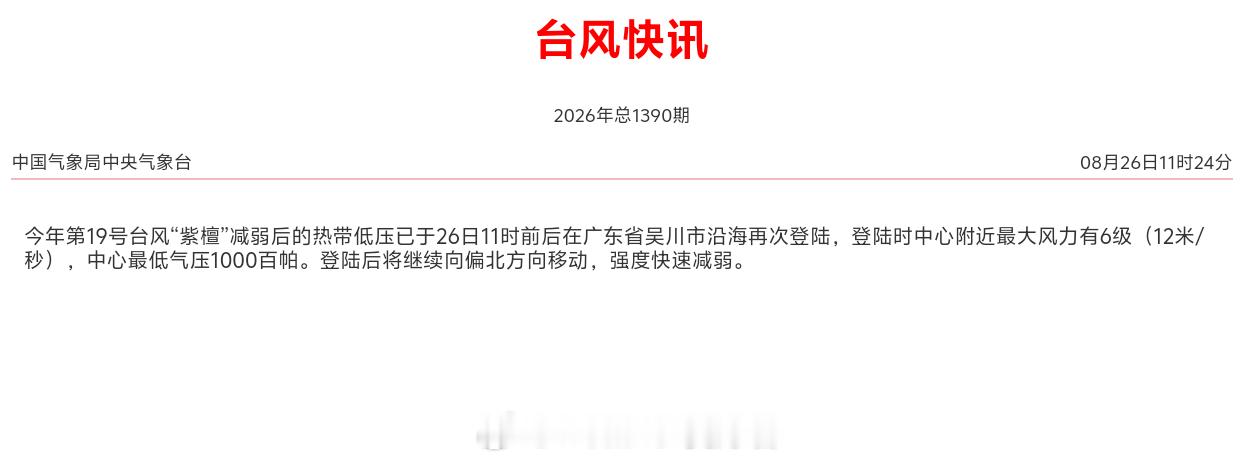 台风紫檀【热带低压紫檀再次登陆广东吴川】今年第19号台风“紫檀”减弱后的热带低压