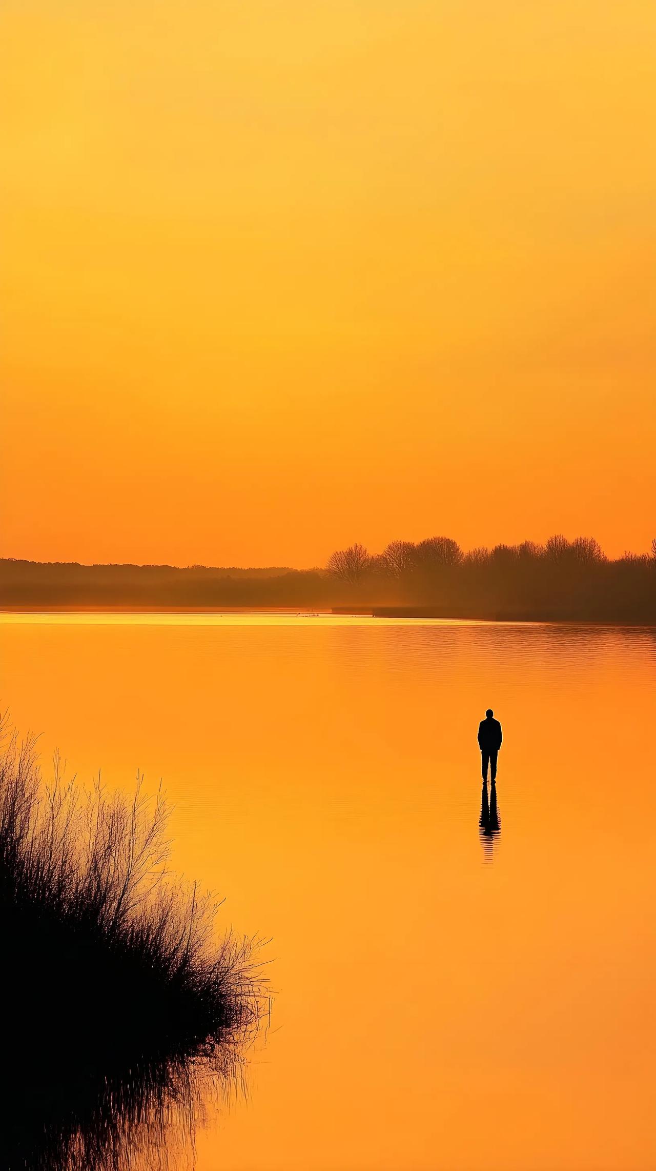 孤独的身影，静谧的湖面，橙黄的黄昏。秋暮风景 捕捉冬日夕阳 湖边日落随拍 湖畔日