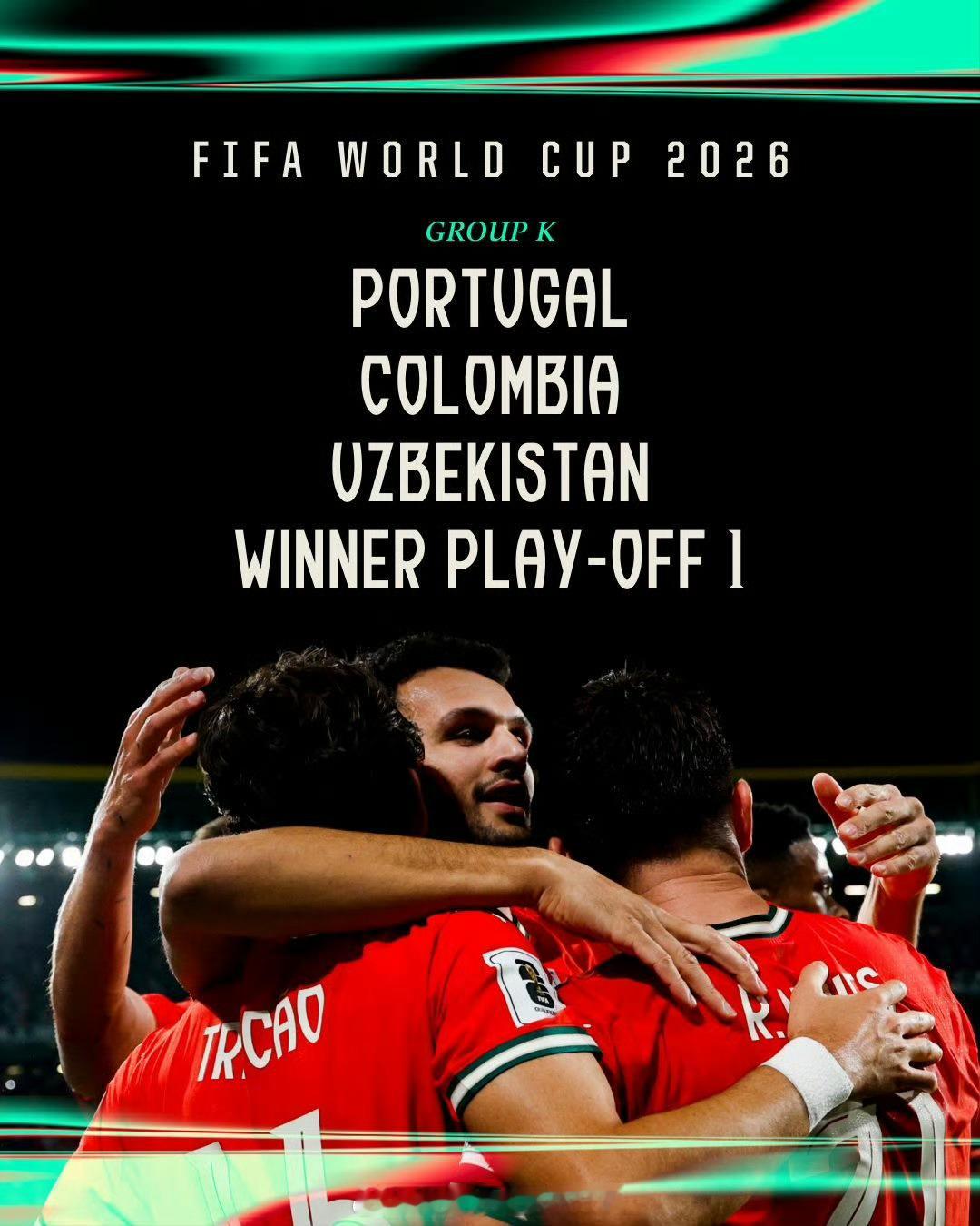 哥伦比亚、乌兹别克斯坦，还有民主刚果、新喀里多尼亚、牙买加这三队的附加赛胜者这分