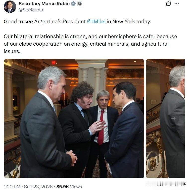 国务卿Marco Rubio：
 
很高兴今日在纽约见到阿根廷总统 @JMile